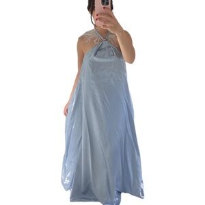 Elegant Baby Blue Satin Halter Dress with Feather Detail